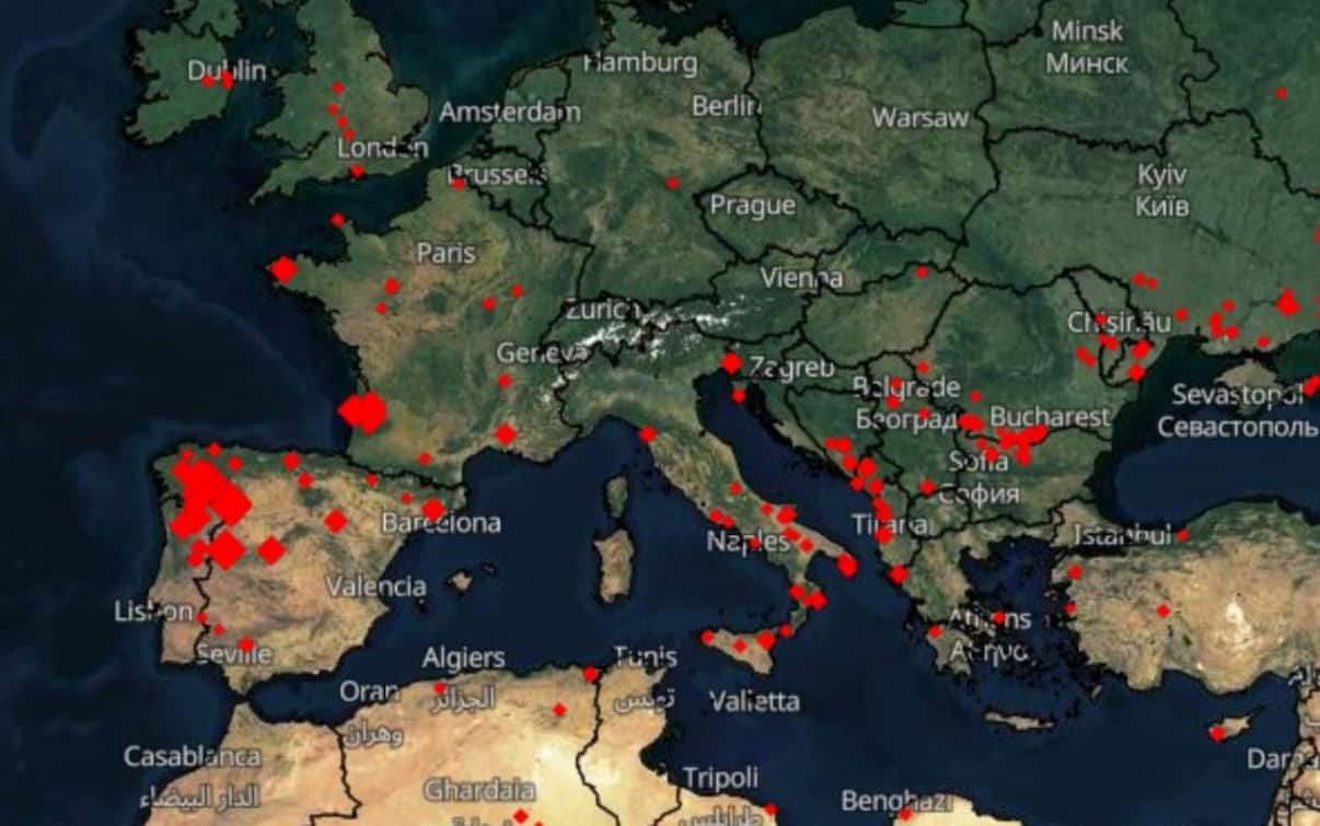 Fires in Europe burning France, Spain and Italy. The map of the areas
